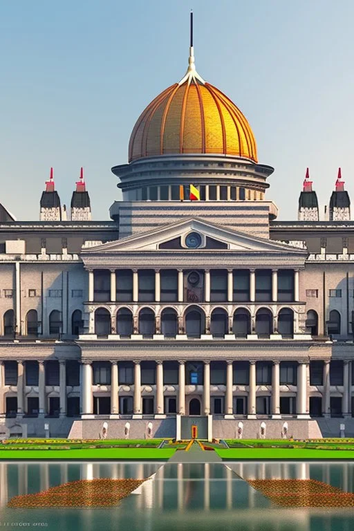 Huge parliament building with classical and modern architechture mixed pride paint covering the building