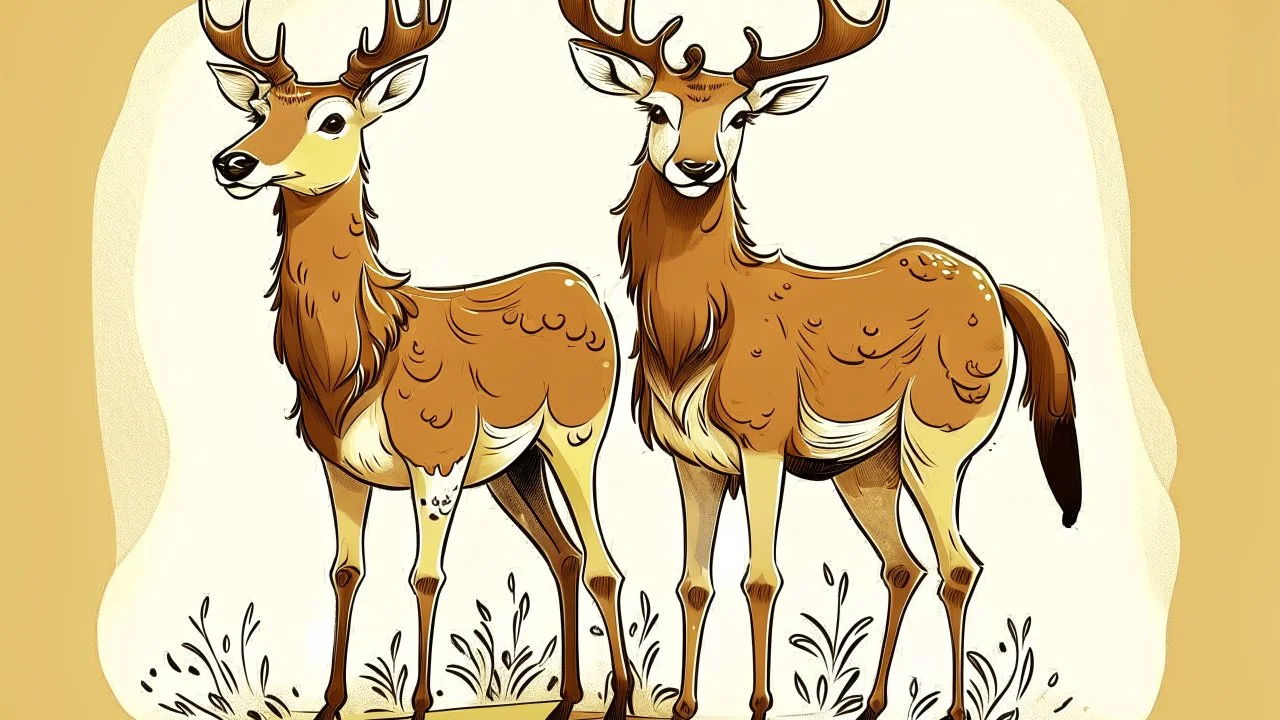 humorous illustration of 2 deer, a female deer on the left with body facing left but is looking back to the right, while on the right is a male deer facing left with a look of mild excitement while he glancing at the other's butt, both have upward tails