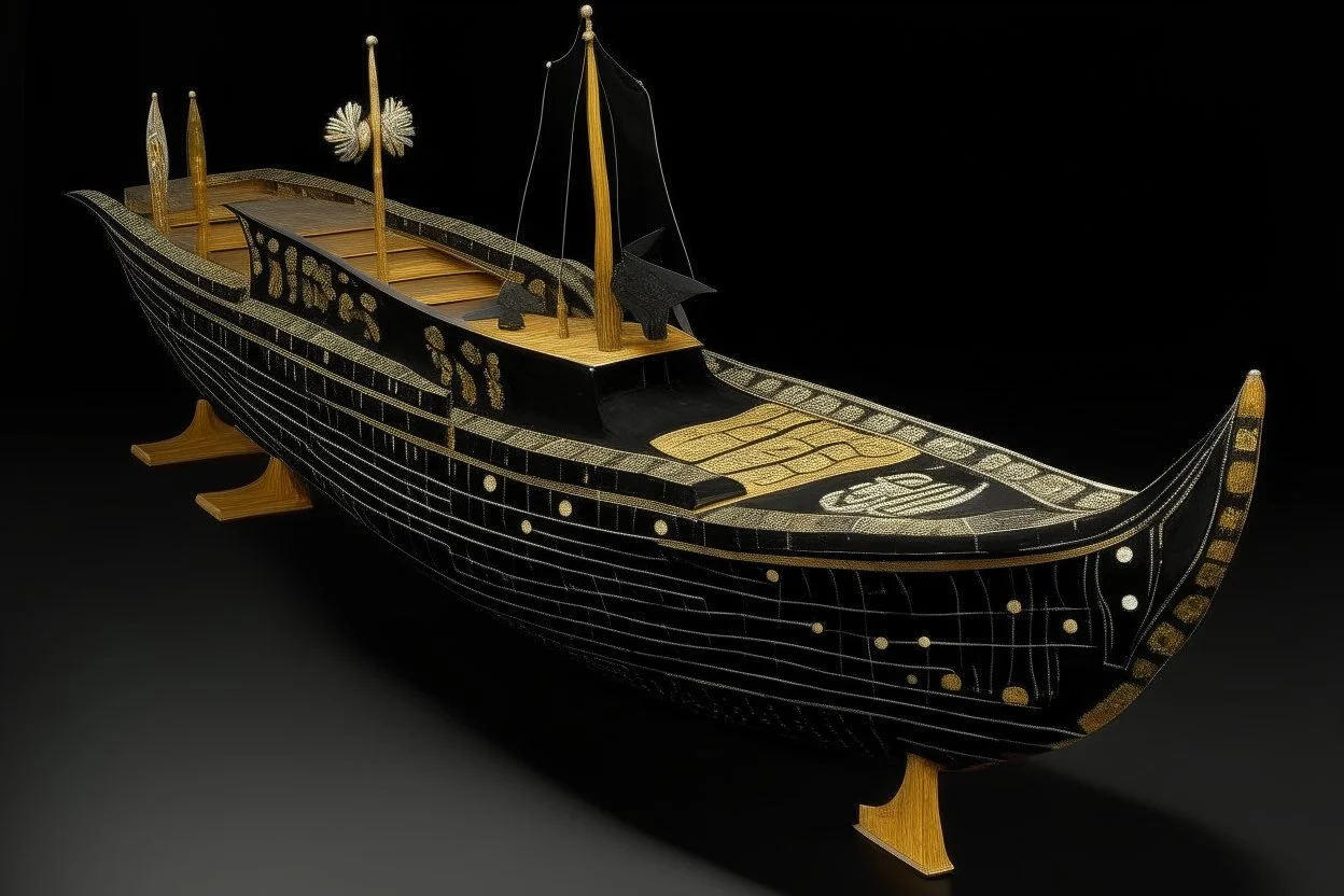 A black aerial ghost ship designed in ancient Egyptian hieroglyphics painted by Gustav Klimt