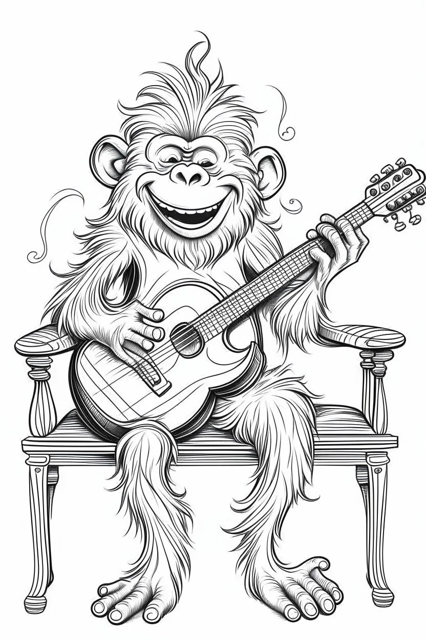 Outline art of laughing monkey with hair texture holding a guitar sitting on a chair