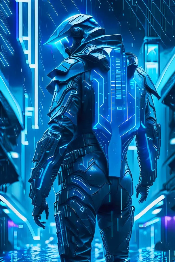 cyberpunk, neon blue, high technology, geometric figures, orbiting figures, cyberpunk suit, black and blue, epic, rain, neon blue suit, geometric figures orbiting around suit, exosuit, male