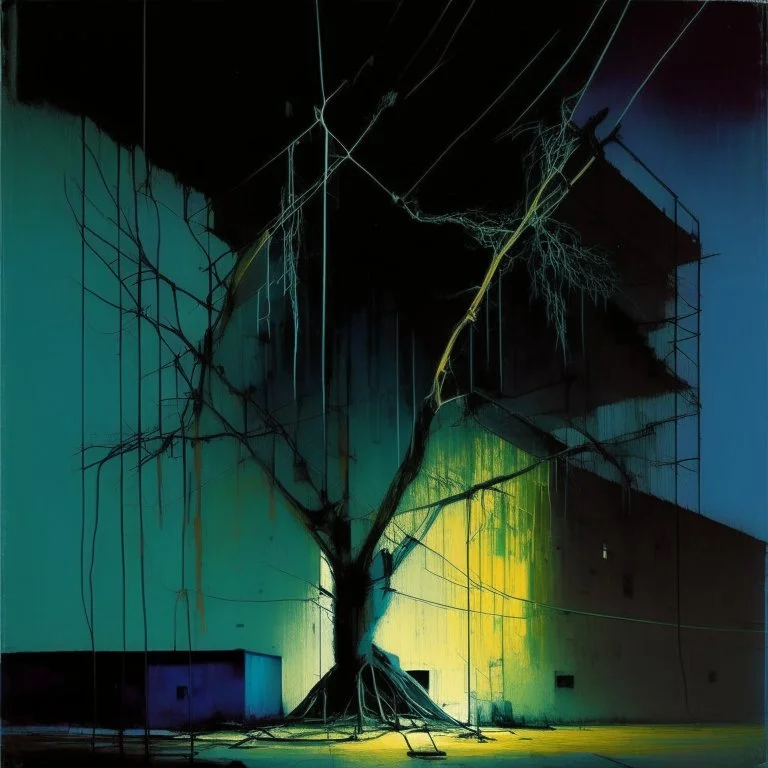 Minimal abstract oil painting of a tree in concrete warehouse brutalist architecture and hanging wires illuminated at night. With triadic colours. In the style of Justin Mortimer and Phil Hale, Ashley Wood