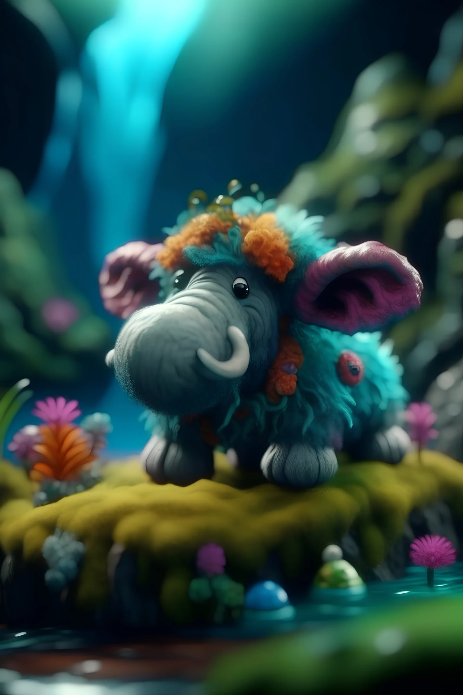 portrait of cute fluffy camo toy wolly mammoth jewelry in a water slide holding weird flowers in his trunk in the style of pixar, on a strange planet with weird colors and waterfalls, bokeh like f/0.8, tilt-shift lens 8k, high detail, smooth render, down-light, unreal engine, prize winning