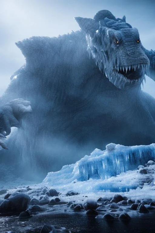 Giant scary ice and stone monster, dramatic scenery, cold light