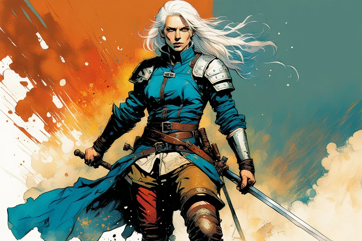 create an imaginative full body print illustration of an ethereal, otherworldly , pale female grandmaster Witcher with short flaxen hair wearing a tattered battle worn leather brigandine and boots , in the comic book art style of Bill Sienkiewicz, Mike Mignola, and Jean Giraud Moebius, with highly detailed feminine facial features , finely drawn, colored and inked,