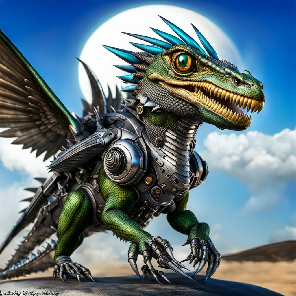 Lucky Stryker, Jet eagle lizard hybrid, biomechanical surrealism, 4 limbs, 2 metallic wings, one jet engine, 2 eyes, big toothy smile