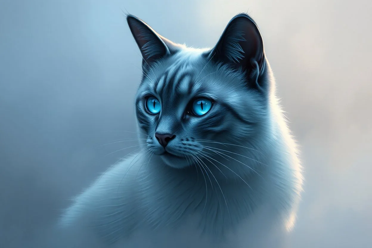 create a mystical Siamese cat with silvery blue and white fur, glowing blue eyes, sitting in soft fog, backlit with subtle moody light, painterly texture and dreamlike atmosphere, calm yet powerful presence --ar 3:2 --v 7 --style raw