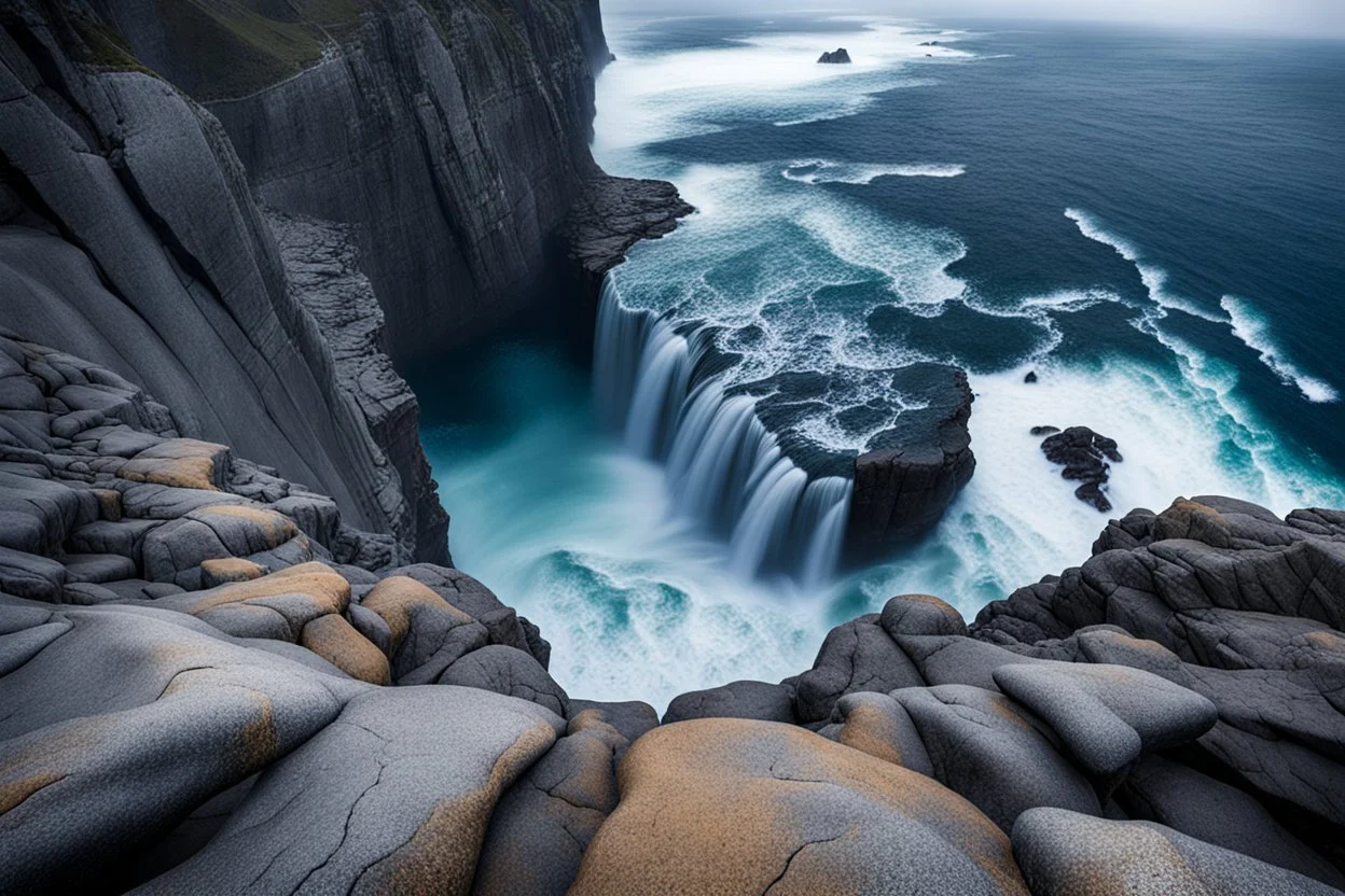 massive intimidating rock cliffs ascend all around and further up out of view. far below, the stormy ocean swirls intimidatingly. The ocean water falls off a waterfall down into a circular pit