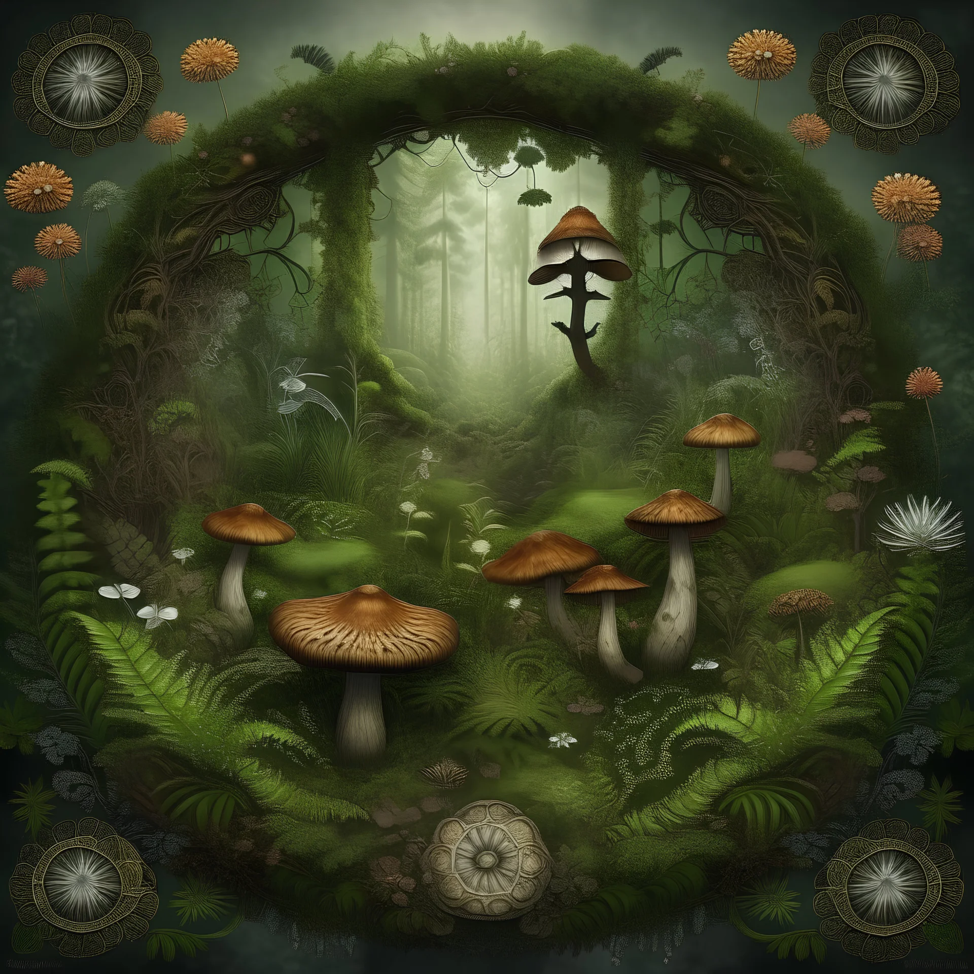 realistic image like a photo of mandala forest, muschrooms, ferns