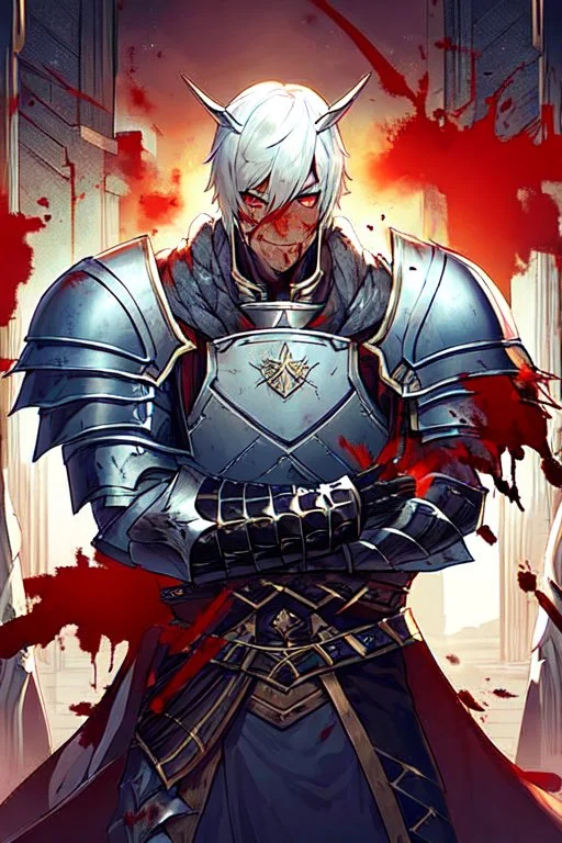 Armored male Knight by webtoon style there are lightning and blood spurts around the man his face pointed at the camera and with a serious look he lets his opponent know that it's his turn