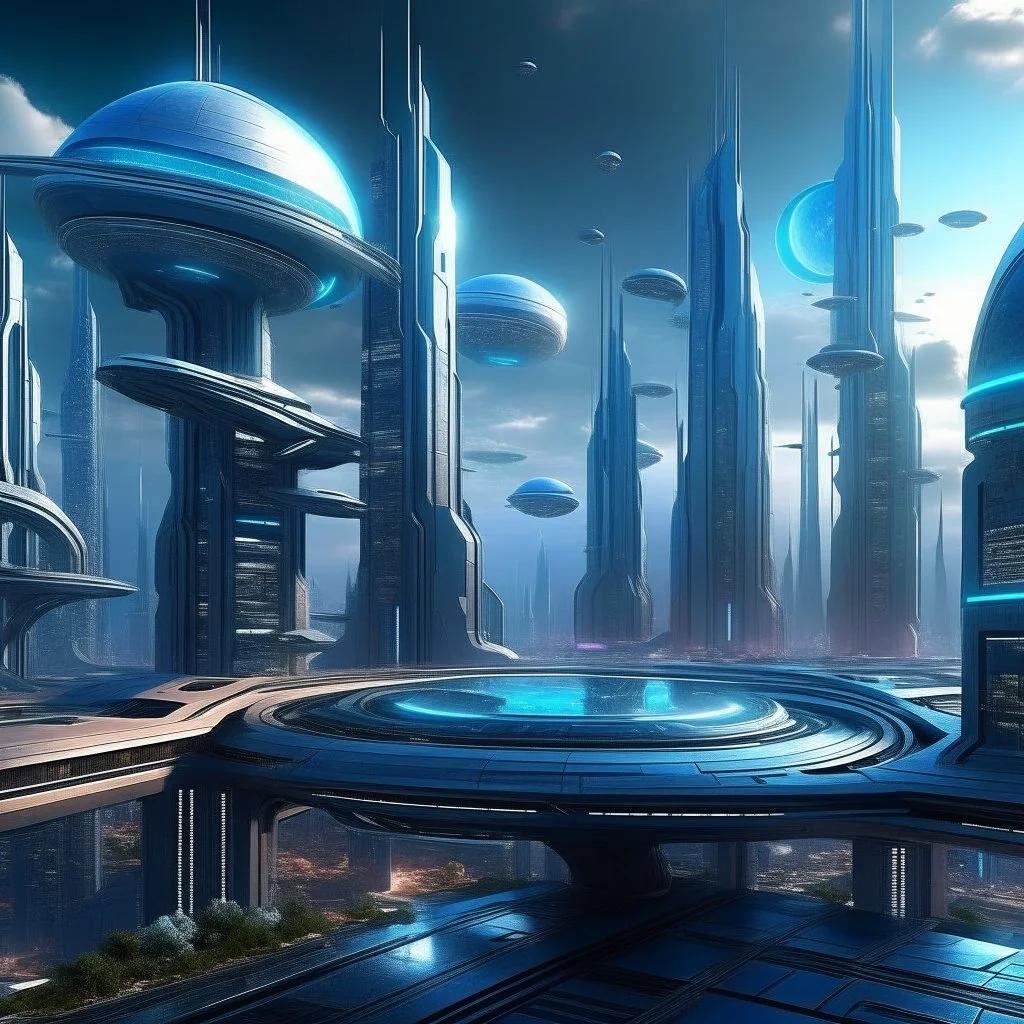 Create an image of a futuristic city on an alien planet, featuring advanced architecture, flying vehicles, and holographic displays."