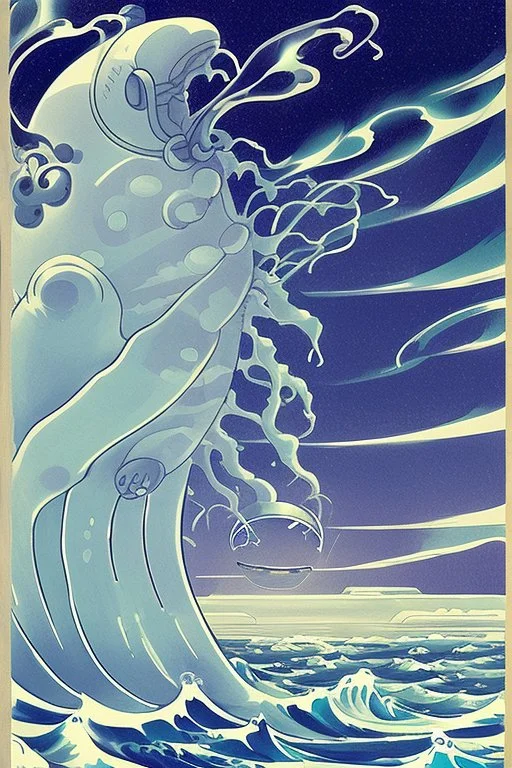 An astronaut floating in space surrounded by a halo of glowing jellyfish, done in the style of Hokusai's The Great Wave off Kanagawa