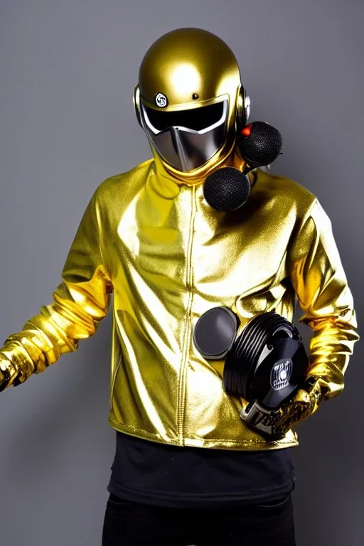 Metallic Cyber-punk style man with a camera-mask and old AKG-style headphones with golden. Large fencing mask covers man's cheeks. Man in good body shape. Reflective plastic body surface, golden skin, full-coverage. Body and Head full of integrated old-fashioned cameras and an old telephone. Silver to grey latex surfaces body. Perfect body. Equations, Euclidean 3D-tiling, Escher tiling. 1996. Cables in head. Daft Punk. Matrix leather jacket with a Hood. Chains.