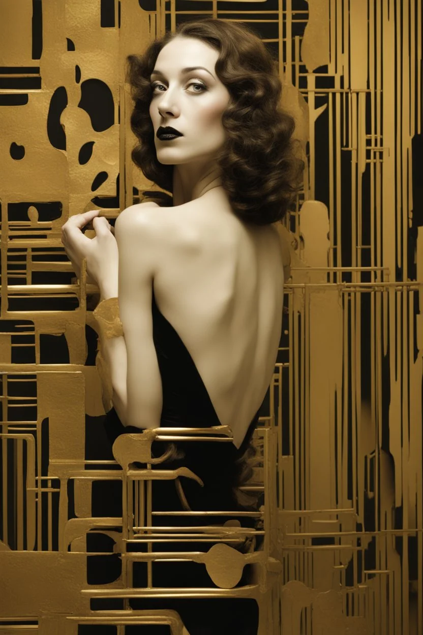 Create a conceptual photograph of a female figure, SALVADOR DALI STYLE MIXED WITH GUSTAV KLIMT STYLE AND TAMARA DE LEMPICKA STYLE, 3/4 SIDE VIEW, SILVER, GOLD, BLACK COLORS in a contemporary setting, incorporating provocative, thought-provoking elements. The image should demonstrate the confidence, strength and vulnerability of the subject. Consider using symbolic objects, abstract shapes, or artistic expressions that convey a strong message. The style and lighting should be modern, avant-garde