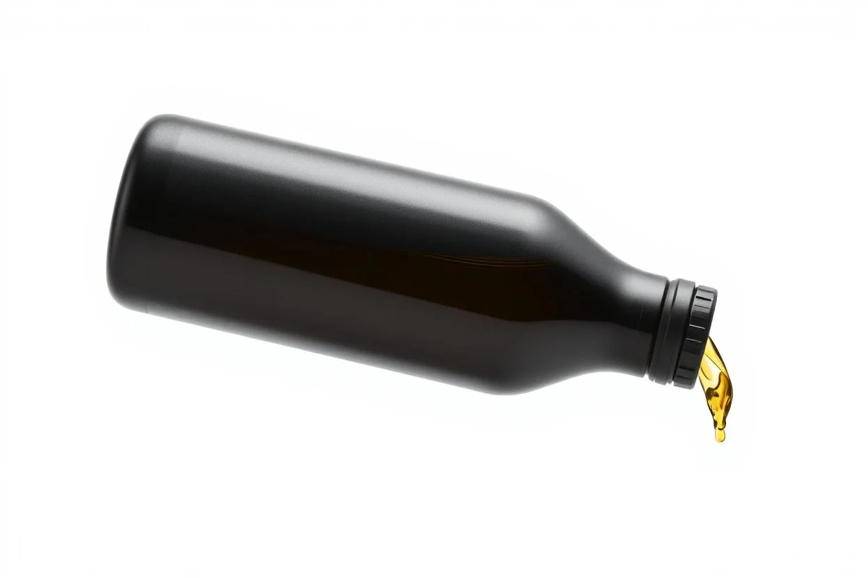 whole bottle(black plastic, 1 liter, quart, motor oil) floating on an angle in middle of image while pouring(oil) out down from the bottle's opening. white background, Smooth vector