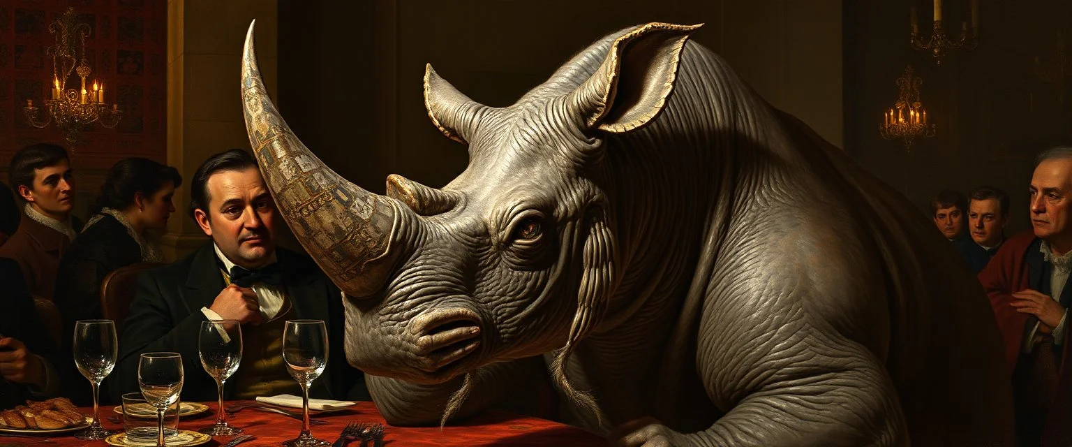 portrait painted by Rembrandt, stupid looking furry dragon rhino at banquet