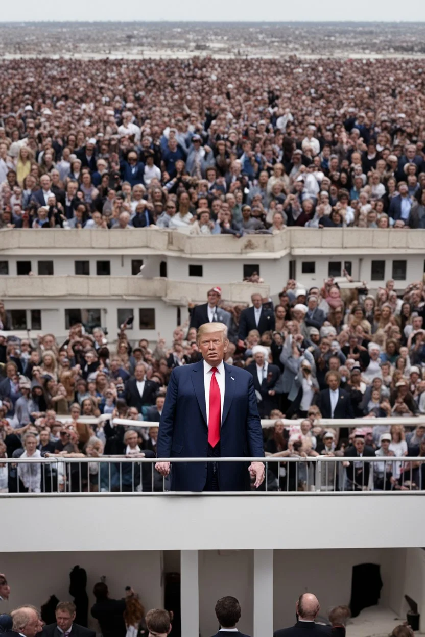 donald trump standing on a balcony with hundreds of people below kneeling