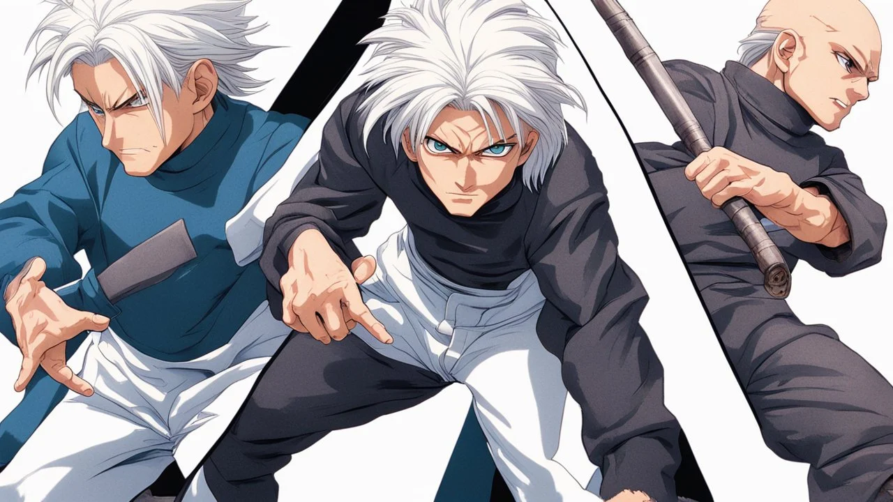 Satoru Gojo is a young tough guy white hair blue eyes black turtleneck without arms white loose pants in a defensive pose