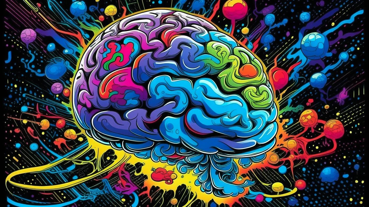 "Design a vibrant comic-styled artwork that captures the essence of a mighty brain, depicted as a tangible galactic entity. The brain itself should be intricately shaded to highlight its convoluted crevices, delicately lit by distant stars. The backdrop is to be an amalgamation of colourful swirling galaxies,