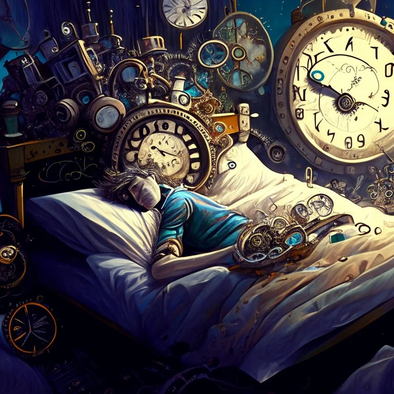 A drug-addicted individual is illustrated lying in bed, surrounded by old clockwork machinery and gears. As they drift off into their fantasy, the clocks come alive, each one representing a different realm of their imagination. The hands of the clocks spin backward, accelerating time, and whisking the person away to their magical dreamscape.