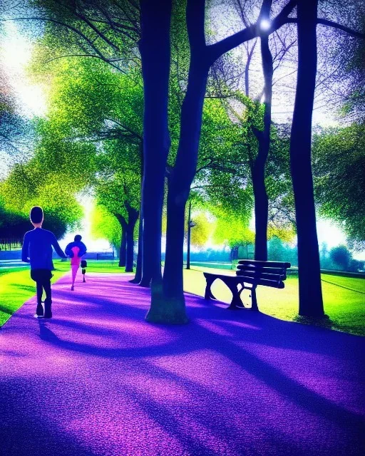 park mystical dream, park bench, man, woman, child, dog, pretty blue and purple trees, blue path, bird, jogger, sunshine, mystical, fantasy, romanticism, cinematic, cinematic lighting, award-winning, beautiful colors, daylight, daytime,