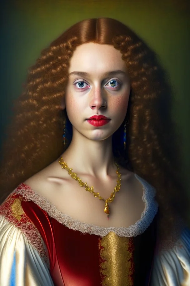 Realistic Phot of young woman, Portrait, Full body, young woman, oval face, light brown skin, realistic HD Skin, tiny pores seen on skin, bright red very curly long hair, green eyes, plumper reddish brown lips, soft smile, dressed in a gold red white and blue intricate medieval gown with low neckline, big tear shaped bosoms, slim perfect body, Beautiful hair, Makeup, bokeh, Octane render, 16k, Beautiful lighting, Golden ratio composition , by irmgard karoline becker despradel, Intricate details