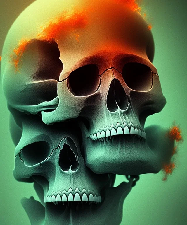 broken realistic skull. black background. smoke and explode. particles in air. teal and orange. abstract. beksinski.