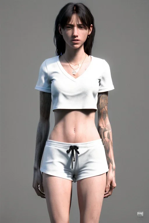 Ultra Realistic image, 25 years old brunette woman, Madrid, portrait, small stature, small chest, yakuza body tattoo, white broken cotton short undershirt, black latex short, akira anime style, night Tokio background, vibrant color, highly detailed, art stations, concept art, smooth, unreal engine 5, god rays, ray tracing, RTX, lumen lighting, ultra detail, volumetric lighting.