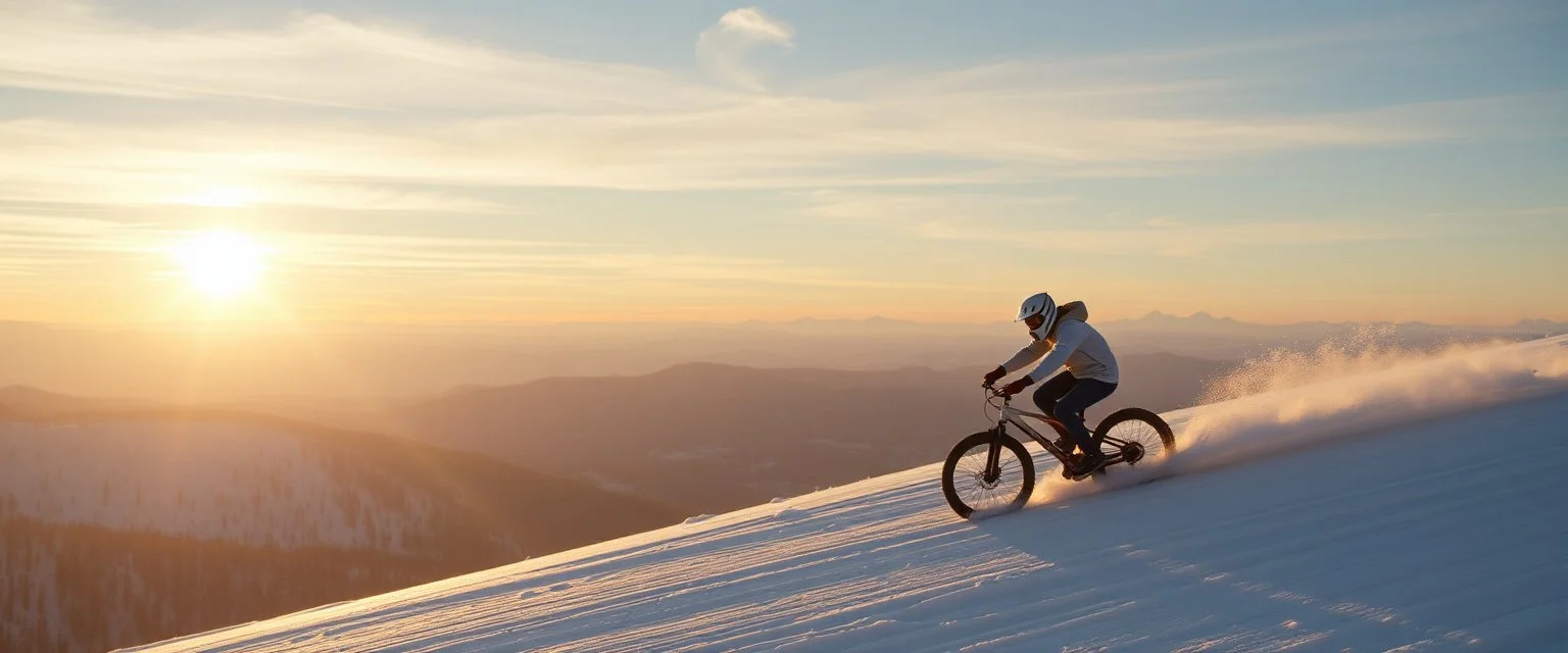 888 snow man riding a bike down hill