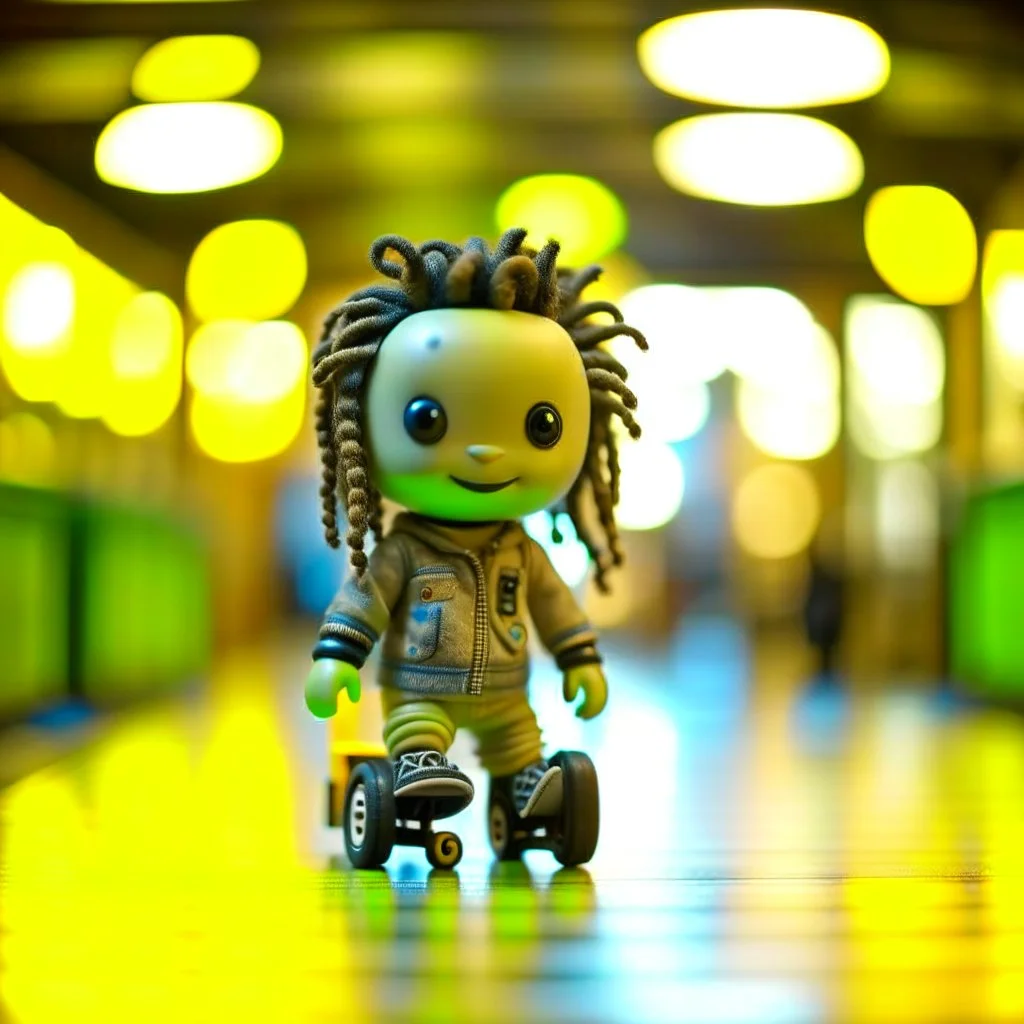 cute happy hairy chineese futuristic dread punk chat robot with skateboard photo shoot in big train hall, 8k, down-light, soft light, depth of field, photo realism, trending on art station, high detail, smoke and fog