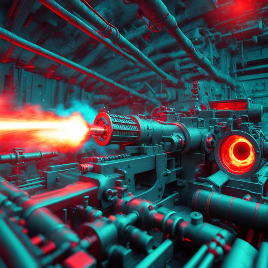 crazy psychedelic high res 3D anaglyph photo a view inside the cannon of a machine gun during ignition. Imagine the intensity of that moment. The raw power, the explosive force as the ignition sets off a symphony of destruction. The metal cannon glowing red hot, the bullets ready to unleash chaos. The flames, the heat, the adrenaline rushing through your veins. It's a dangerous beauty, a deadly dance. I must capture this moment with style, ensuring every detail is perfect. Every angle, every f
