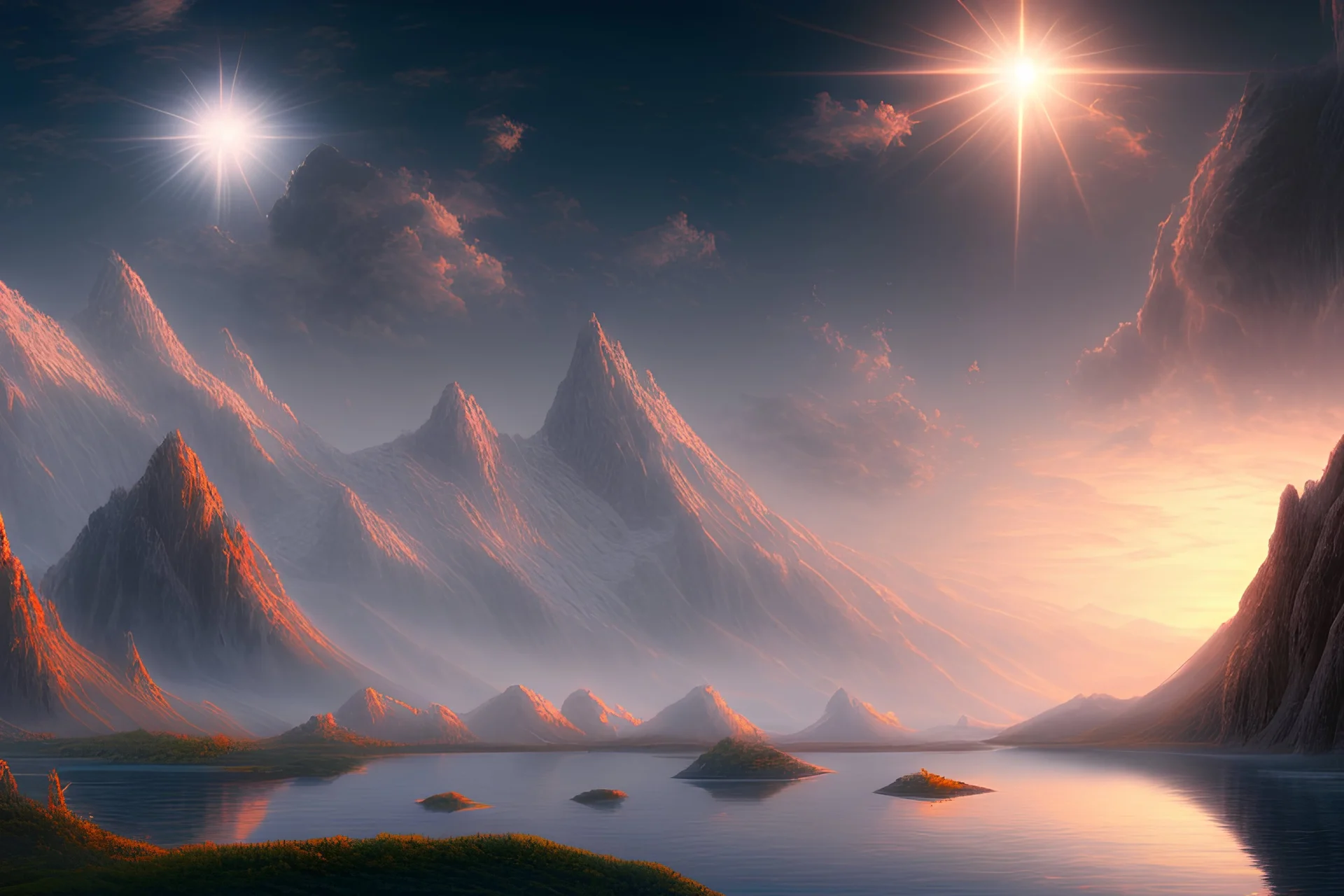 Clouds, mountains, lagoon, science fiction landscape