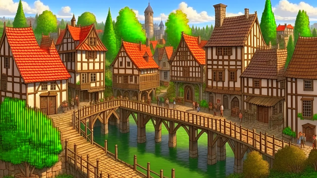 medieval village on a lake with bridges, people, balconies, trees