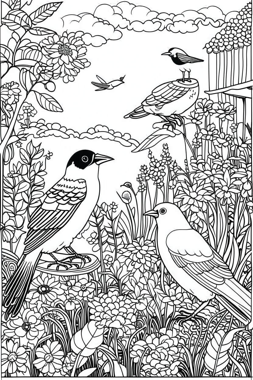 Outline art, birds in the garden, cartoon style, black and white, low detail, no shading, --ar 9:11