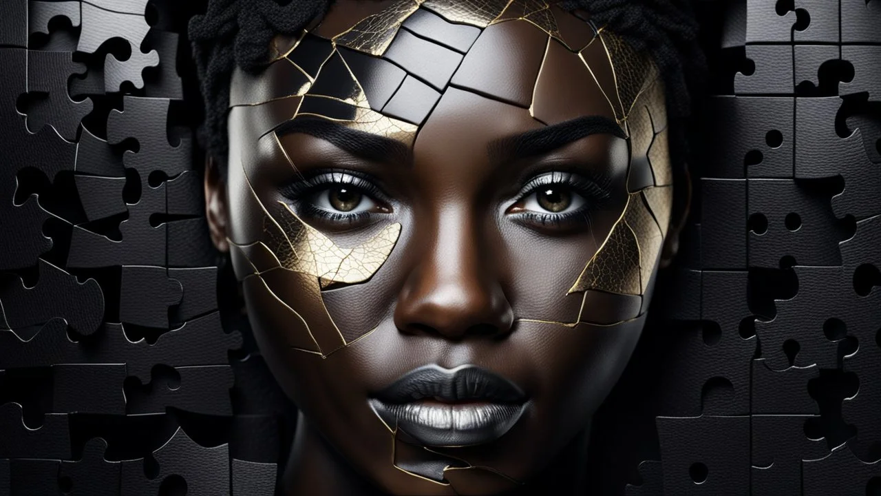 a beautiful black woman face made of black puzzle with kintsugi seam, photo realistic, 16K