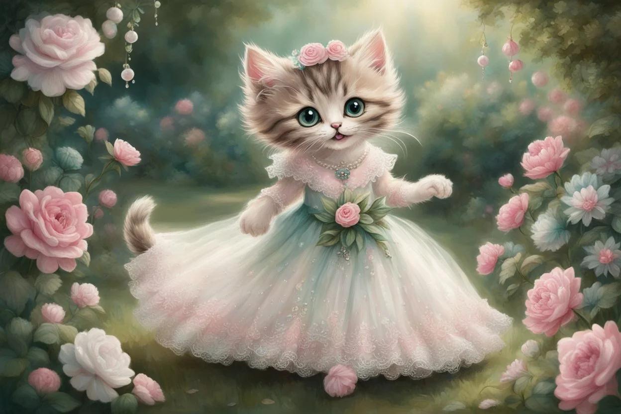 an anthropomorphic, kitten bride happily throwing a bouquet in a beautiful garden. The kitten has fluffy fur in shades of light brown and grey with distinct tabby markings on its face. Its large, expressive eyes are a deep emerald green and it has a small, pink nose. The kitten is wearing embroidered white lace bride dress, tulle, gemstones, pearls, adorning the hem and bodice. Behind her, a celebrating crowd, cats and people dressed in elegant clothes, wedding food and cake on the tables. Behin