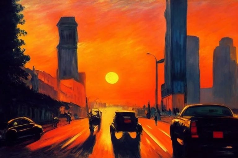 cars, city, sunset, street, buildings, frederic bazille and edouard manet painting