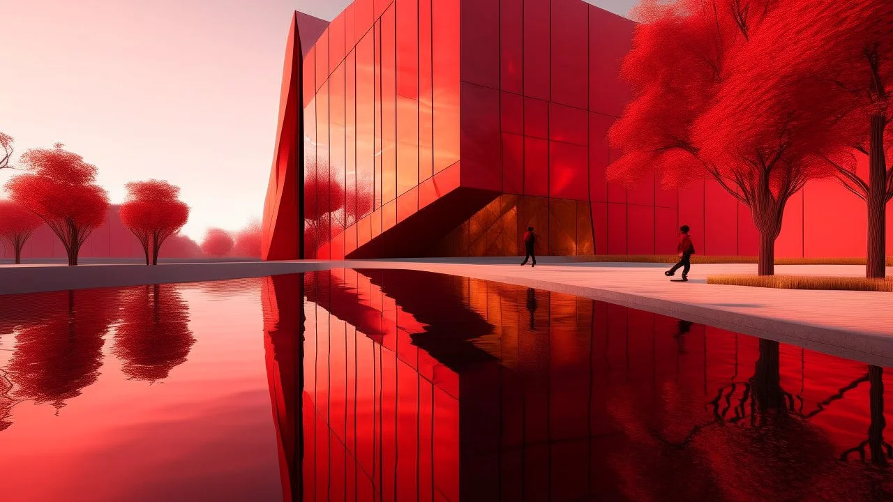 A futuristic architectural structure composed of massive angular red stone volumes emerging from a shallow reflective water surface. The building features sharp, geometric forms and inclined walls, creating a sculptural and dynamic presence. Warm sunlight casts soft shadows on the textured red facade, while silhouettes of small human figures offer a sense of scale. Minimalist landscape with leafless trees and a calm, golden-hour sky.