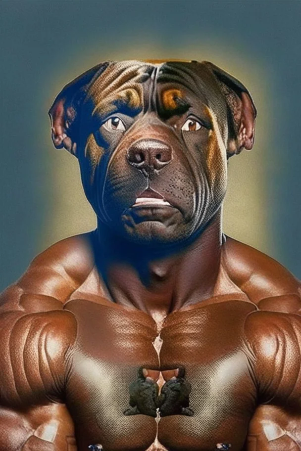 Bodybuilder Lee Haney with the face of a Rottweiler dog A dog's head instead of a person's head Only the player's body with a bulldog head on it