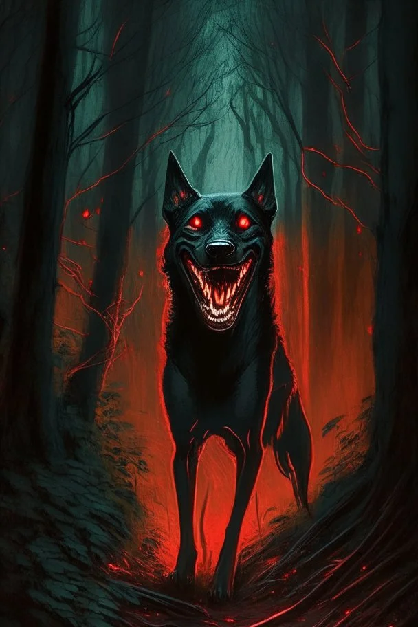 in the style of William Adolphe Bouguereau, a monstrous black hound with red, glowing eyes and sharp teeth, a wicked grin in a dark forest