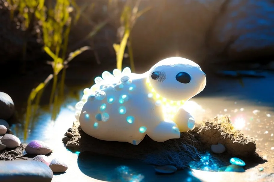 A little sculpture of a cute creature made of fibreglass, neon bulbs, concrete, river pebbles and mother-of-pearl in the sunshine