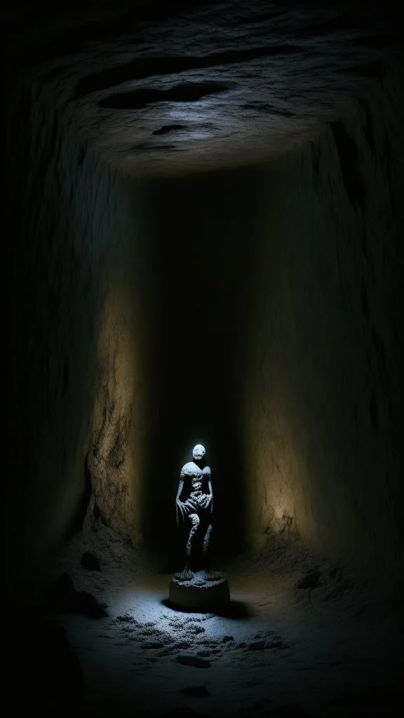 sculpture of a figure in semi-darkness, on the scree cone of an underground room dimly lit by daylight coming from a well located forty meters above.