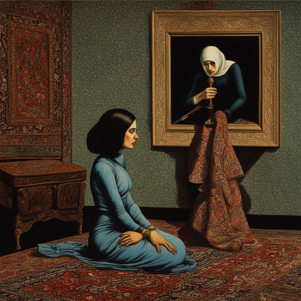 persian girl , iranian carpet,surrealist painting called 'today I am thinking about death by dali and picasso and magritte and Breughel