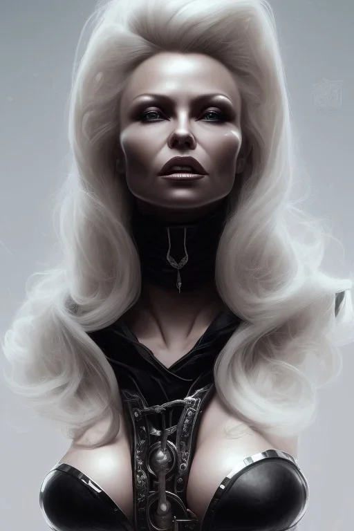 Pamela Anderson as evil queen in black leather, leather, busty, cleavage, angry, stern look. character design by cory loftis, fenghua zhong, ryohei hase, ismail inceoglu and ruan jia. unreal engine 5, artistic lighting, highly detailed, photorealistic, fantasy