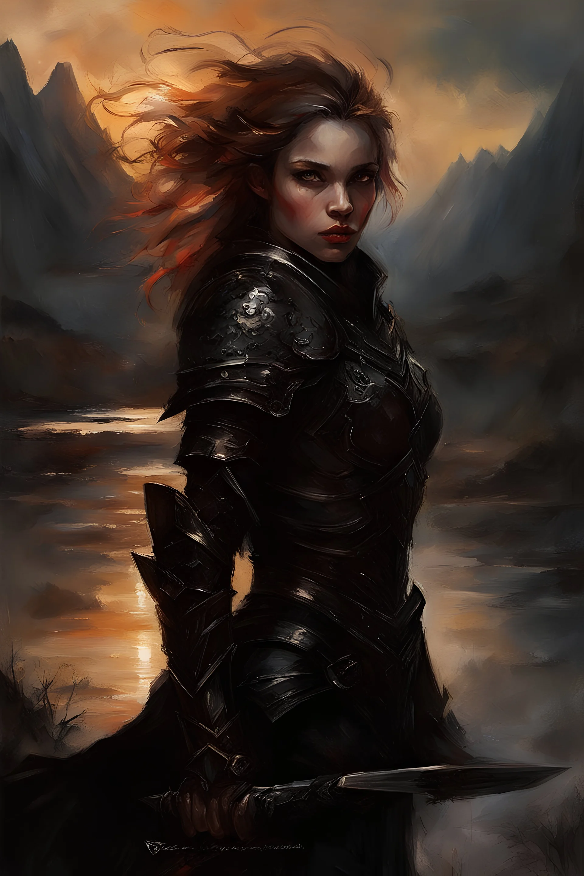 A formidable warrior girl in black armor, on the background Amazing gloomy landscape, flooded with sunset, mountains, trees, fabulous scary hero, , juicy emotions, painting, dark fantasy, gloomy day, dark world, portrait, by James Paick & Anna Razumovskaya