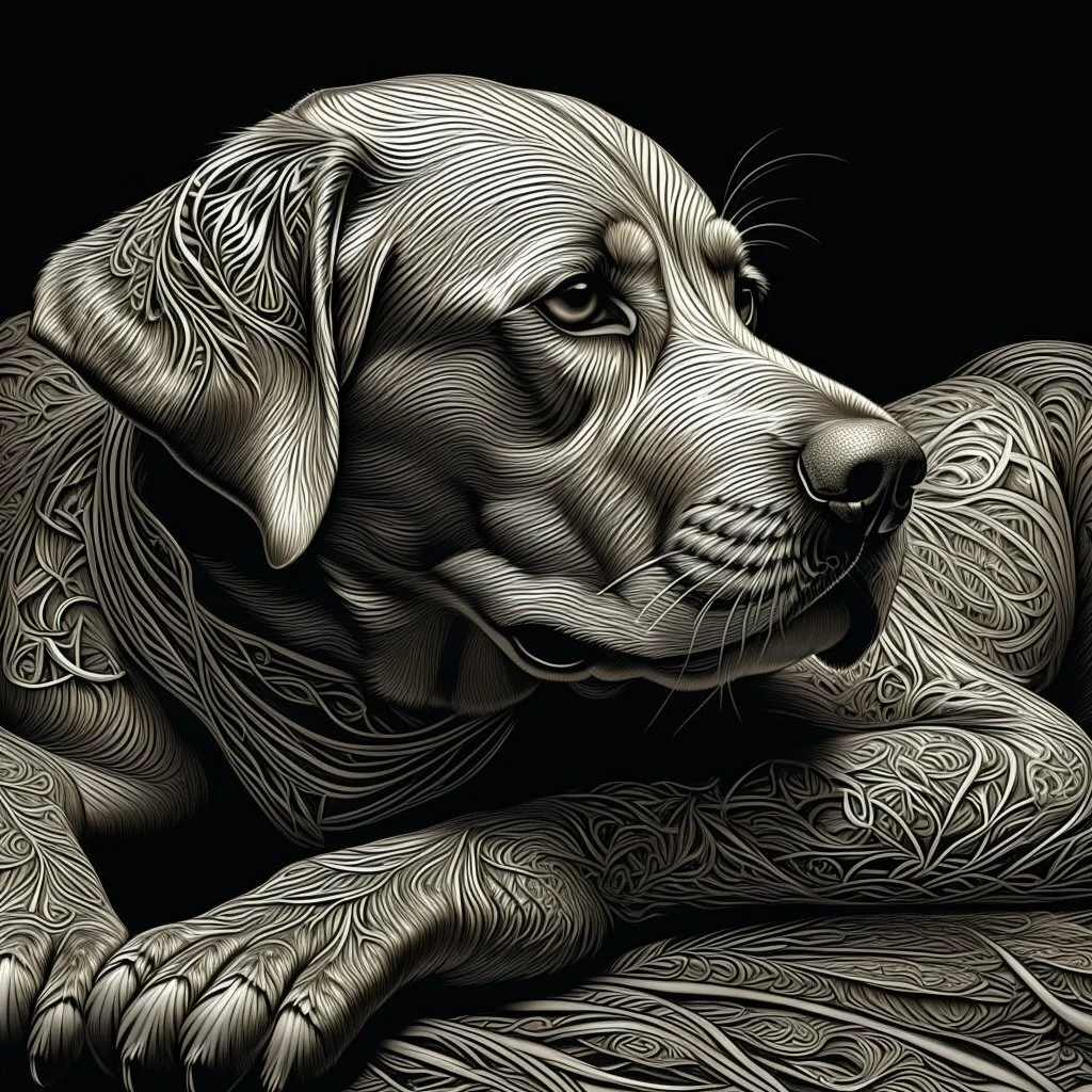 a black and white 3D image of a light brown labrador lying down, surreal and otherworldly, intricate linework, mind-bending composition, intricate patterns,masterful use of light and shadow,masterful use of light and shadow,masterful use of light and shadow, dreamlike quality, detailed linework akin to Moebius, intricate details, vibrant and contrasting colors, Artstation for showcasing.