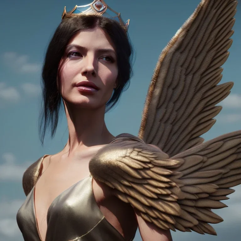 brunette queen woman with wings in a fantasy world