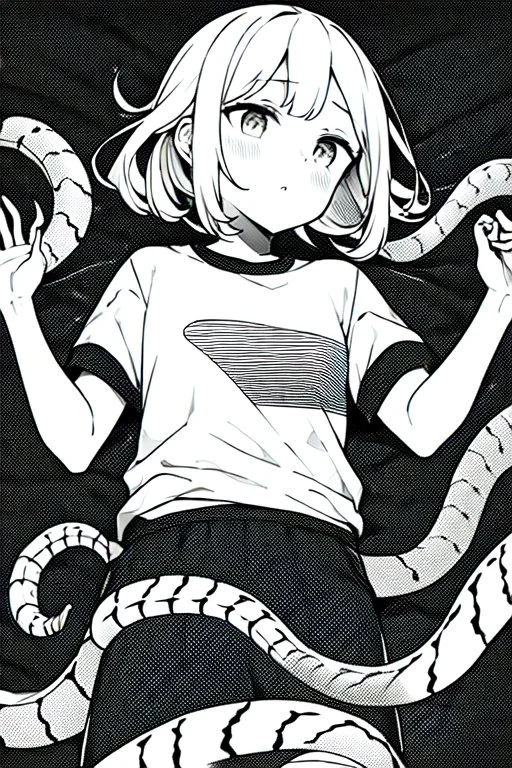 girl in T-shirt lying on the ground and covered with snakes, greyscale