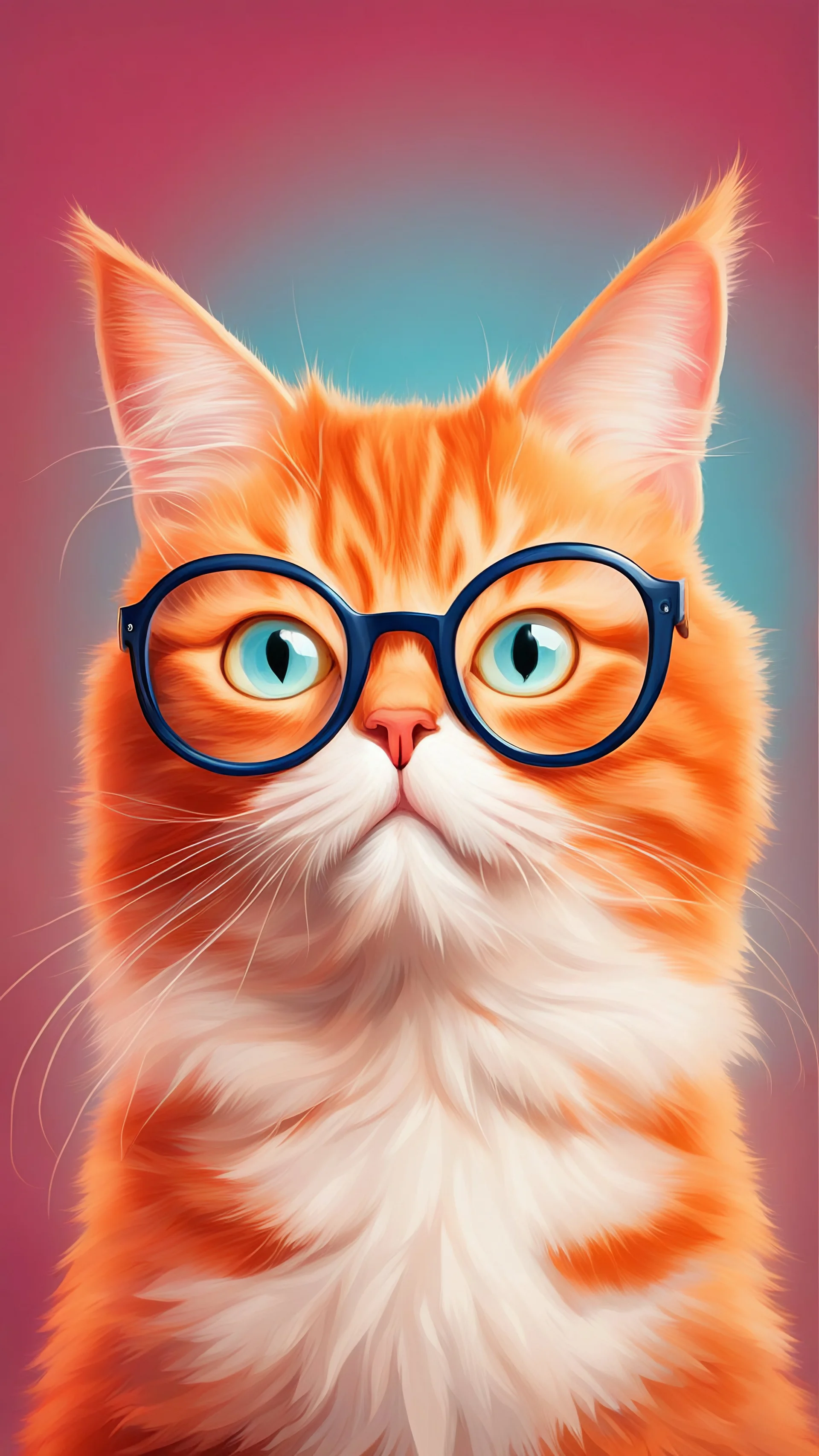 "Orange cat wearing glasses, looking surprised, cartoon style, colorful background"