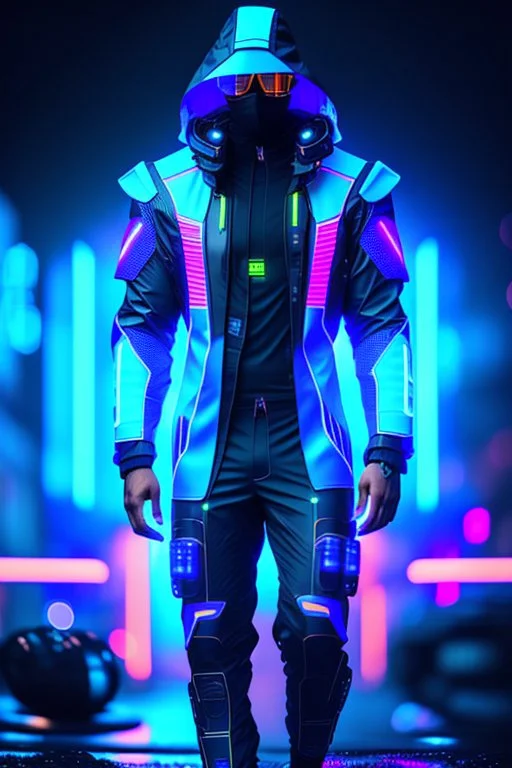 cyberpunk, neon blue, high technology, geometric figures, orbiting figures, cyberpunk suit, black and blue, epic, rain, neon blue suit, geometric figures orbiting around suit, exosuit, male